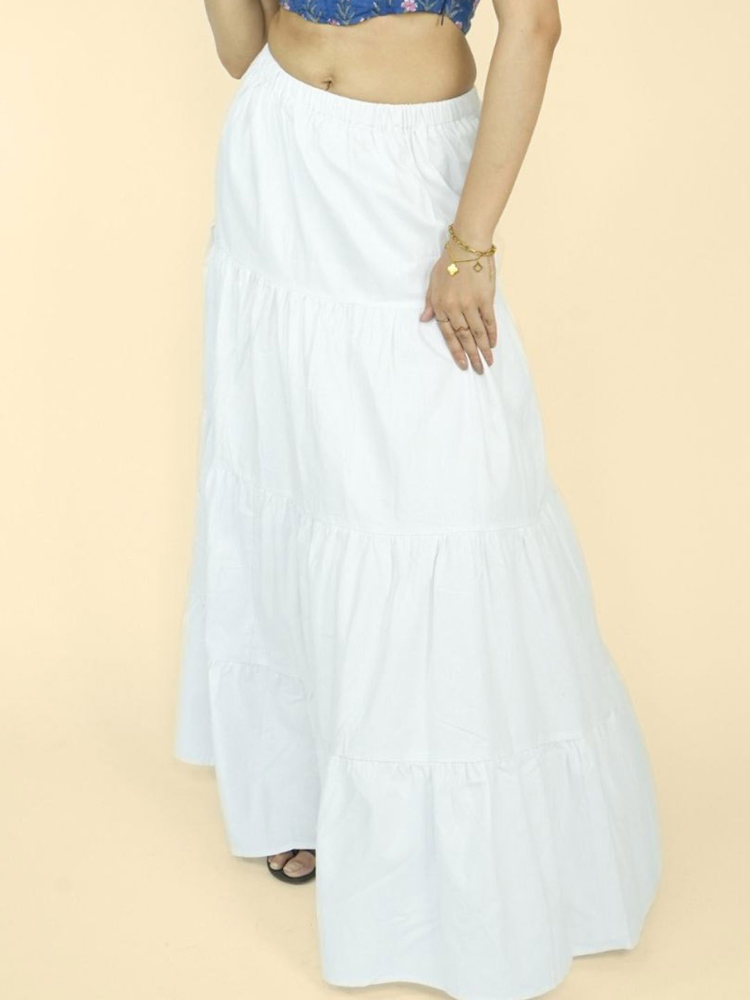 

SILAYIBAZI Women Pure Cotton Flared Maxi Skirts, White