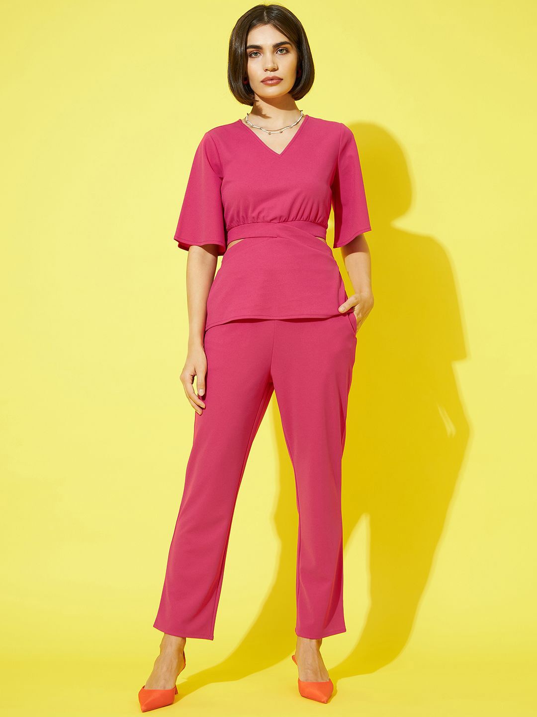 

Athena Women Solid Back Tie-up Top With Trouser Co-Ords, Fuchsia