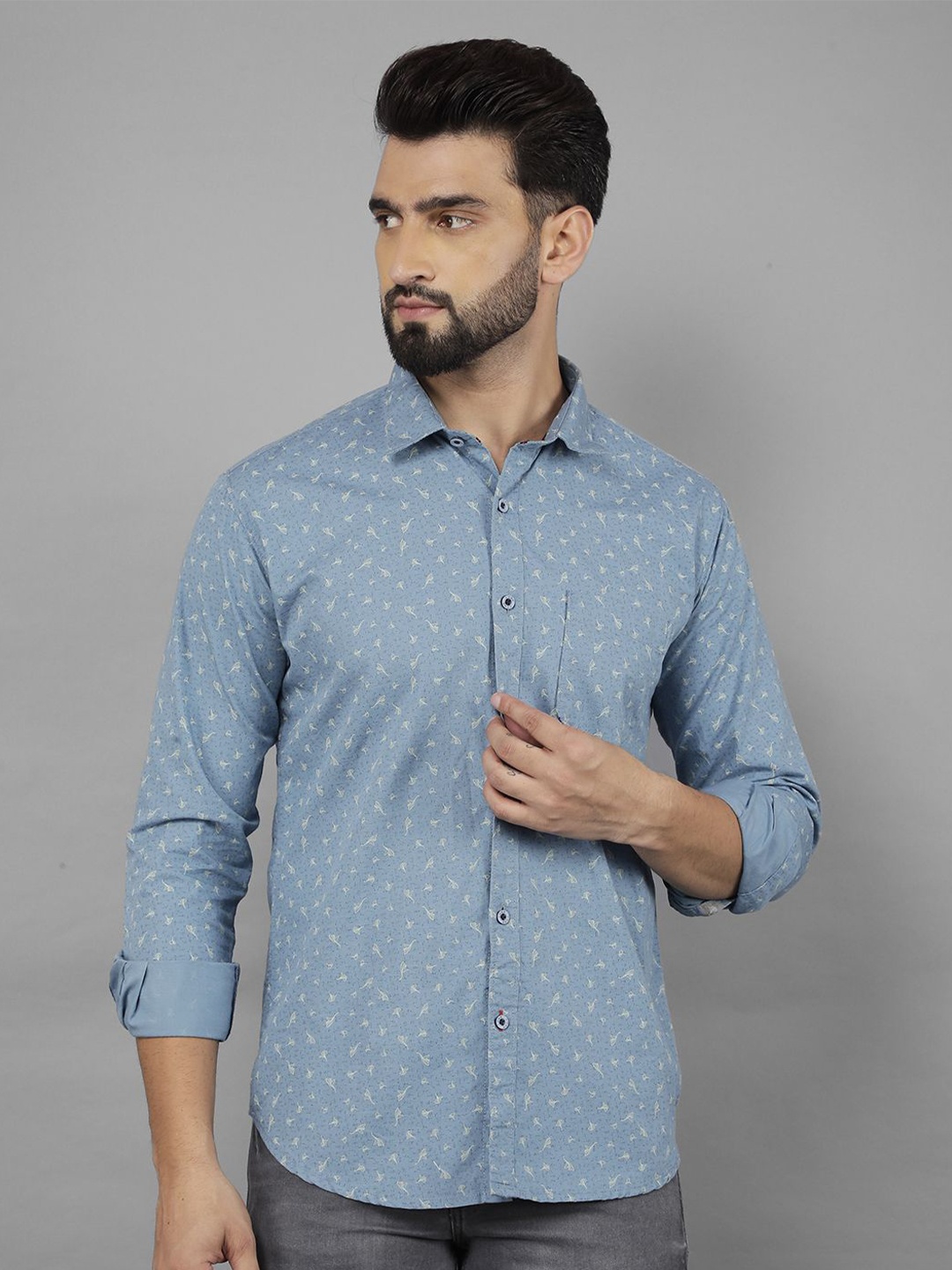 

COBB Men India Slim Spread Collar Floral Printed Cotton Casual Shirt, Blue