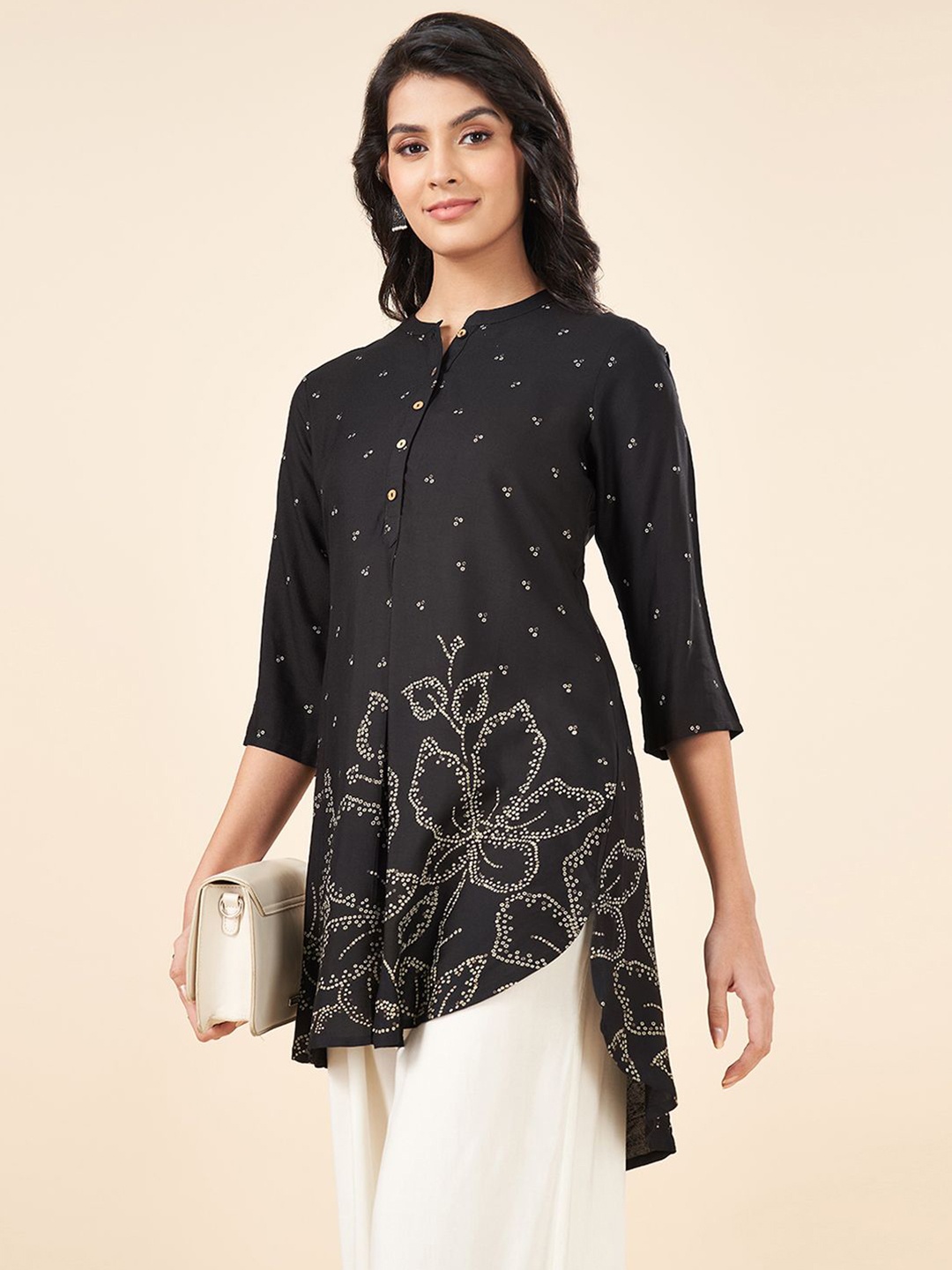 

RANGMANCH BY PANTALOONS Women Mandarin Collar Printed Tunic, Olive