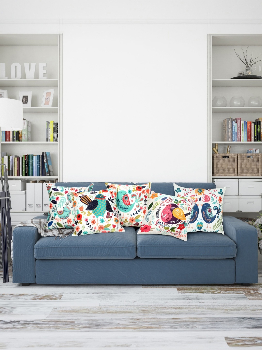 

Vendola White & Blue 5 Pieces Quirky Satin Square Cushion Covers