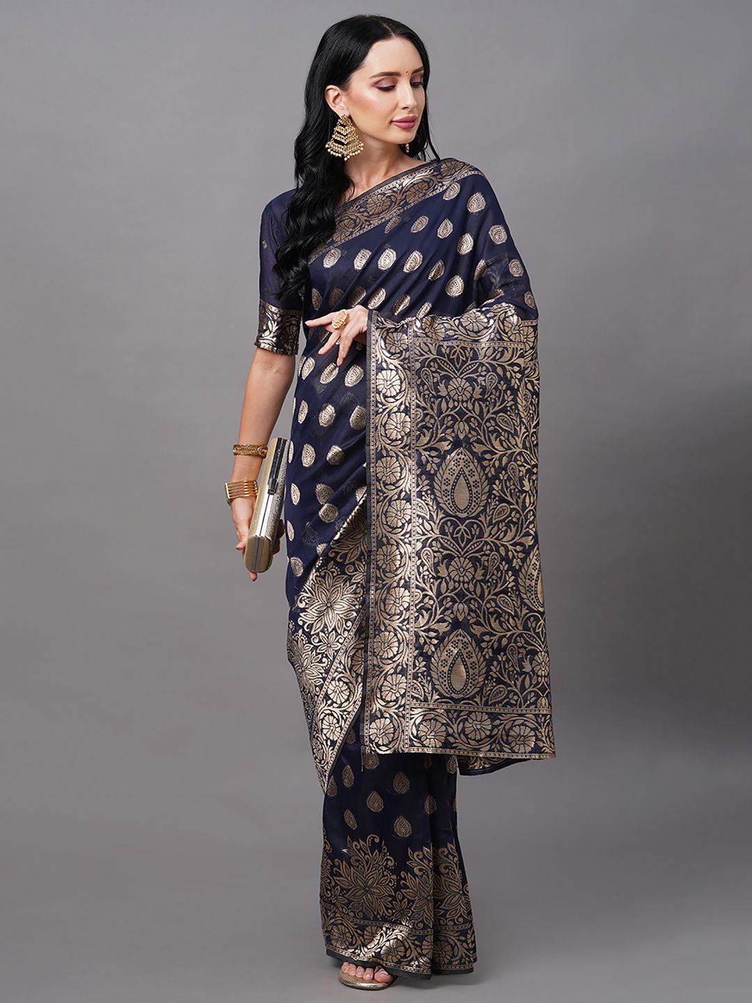 

KALINI Ethnic Motifs Woven Design Zari Banarasi Saree, Navy blue