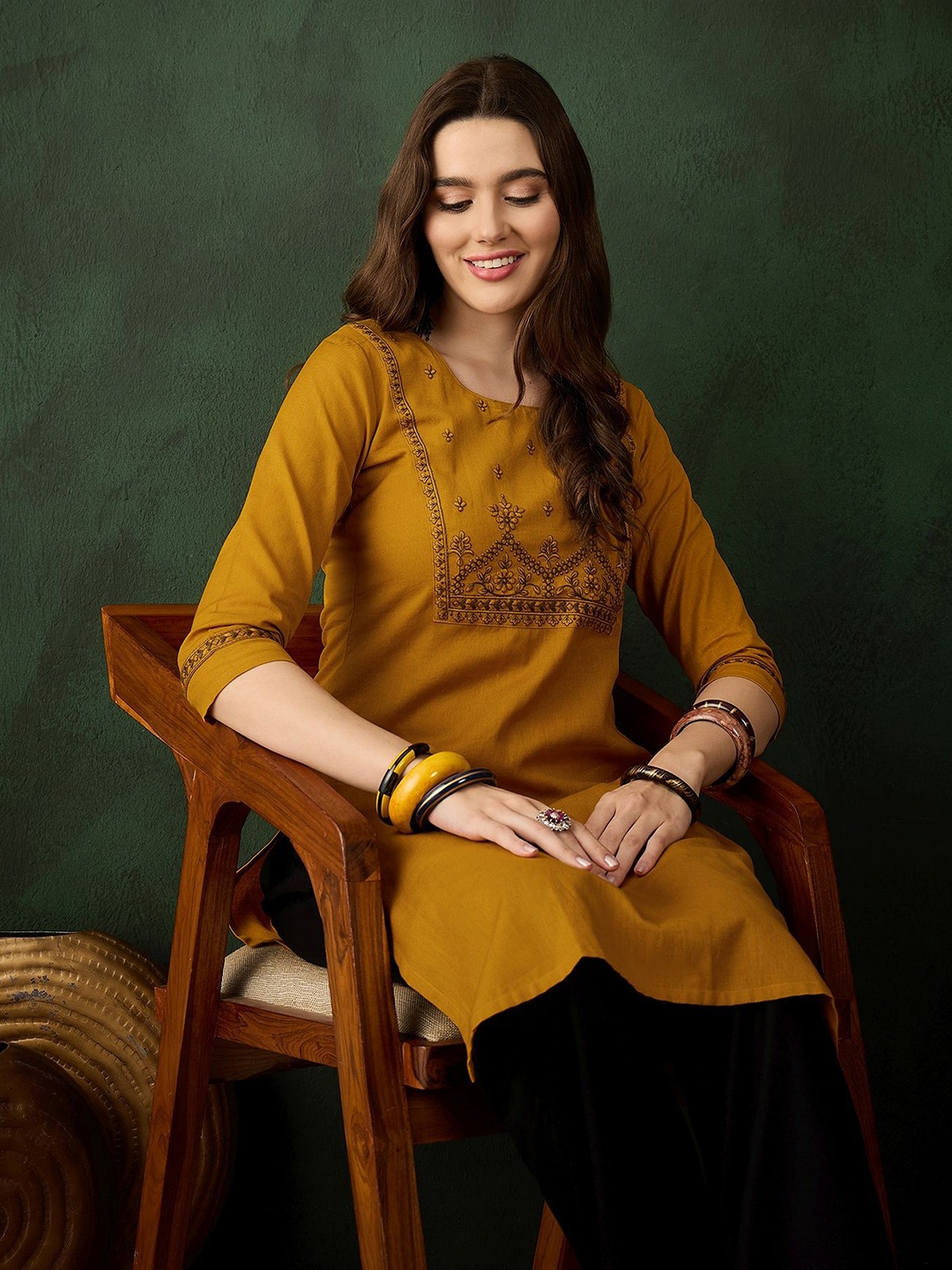 

Sangria Women Floral Embroidered Kurta, Mustard