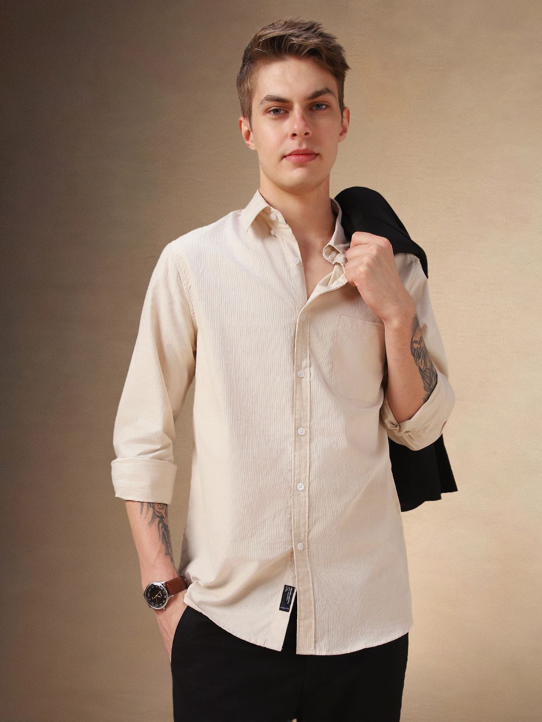 

Dennis Lingo Men Button-Down Collar Solid Cotton Relaxed Fit Casual Shirt, Beige