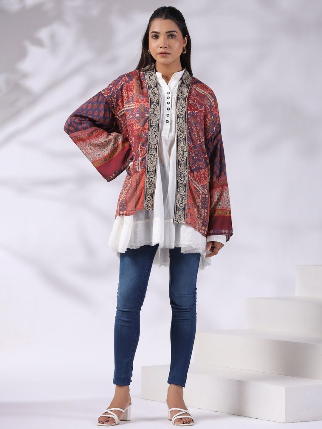 

Nyaro Women Floral Longline Open Front Jacket, Rust