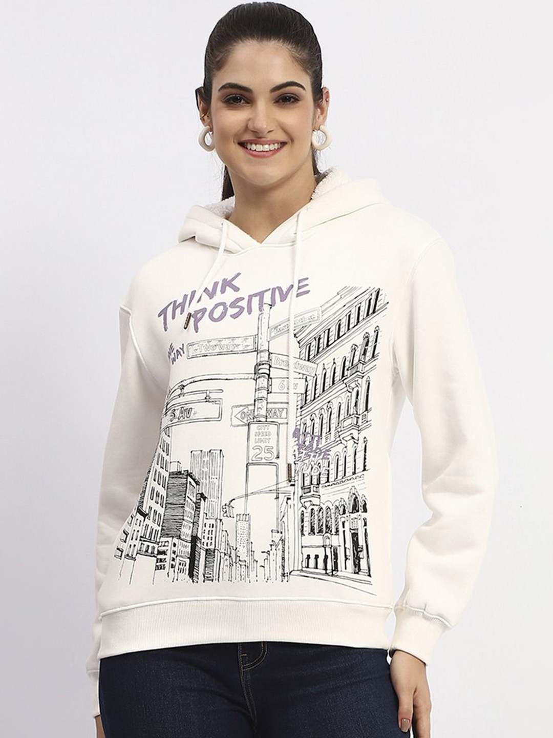 

Madame Women Graphic Printed Hood Cotton Pullover Sweatshirt, White