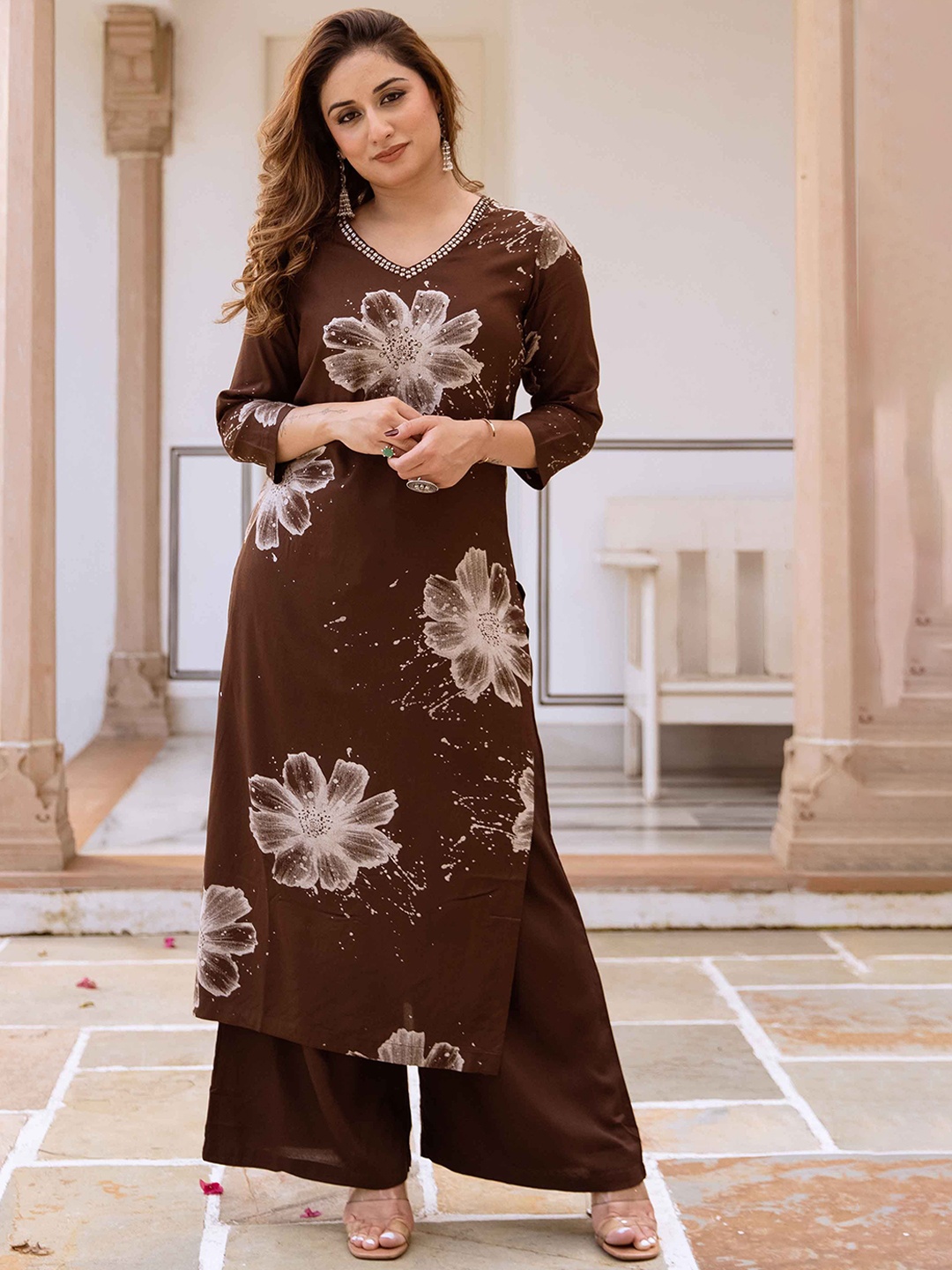 

KALINI Women Floral Printed Regular Sequinned Kurta with Palazzos, Coffee brown