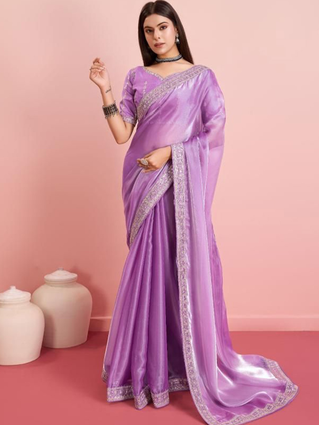 

VAIRAGEE Embroidered Ready to Wear Saree, Lavender