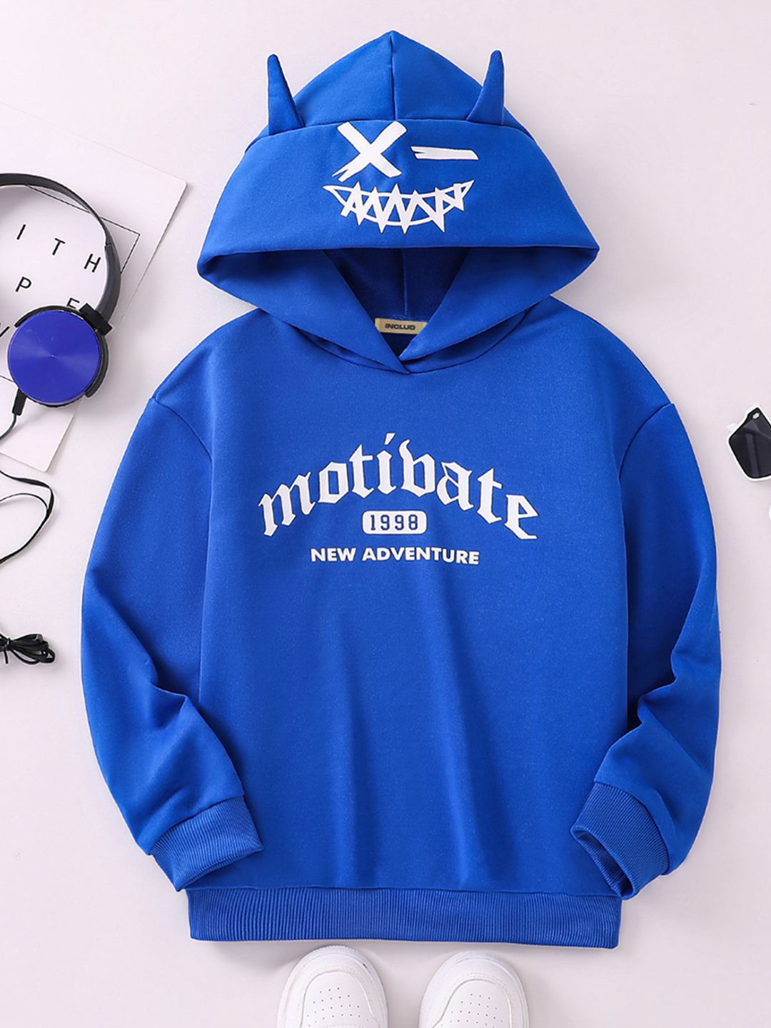 

INCLUD Boys Typography Printed Hood Cotton Pullover Sweatshirt, Blue