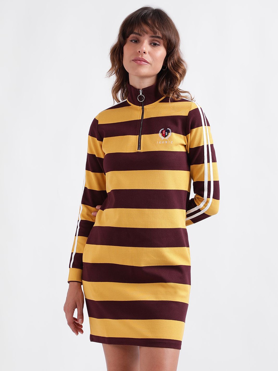 

Iconic Women Striped Cotton T-shirt Above Knee Dress, Brown