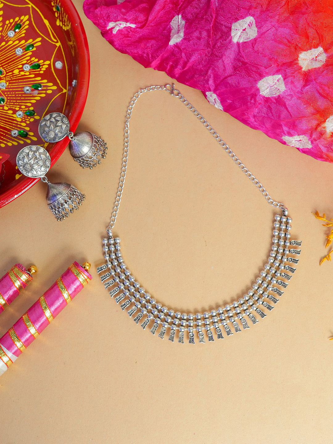 

VIRAASI Oxidised Jewellery Set With Dandiya & Dupatta & Pooja Thali, Silver