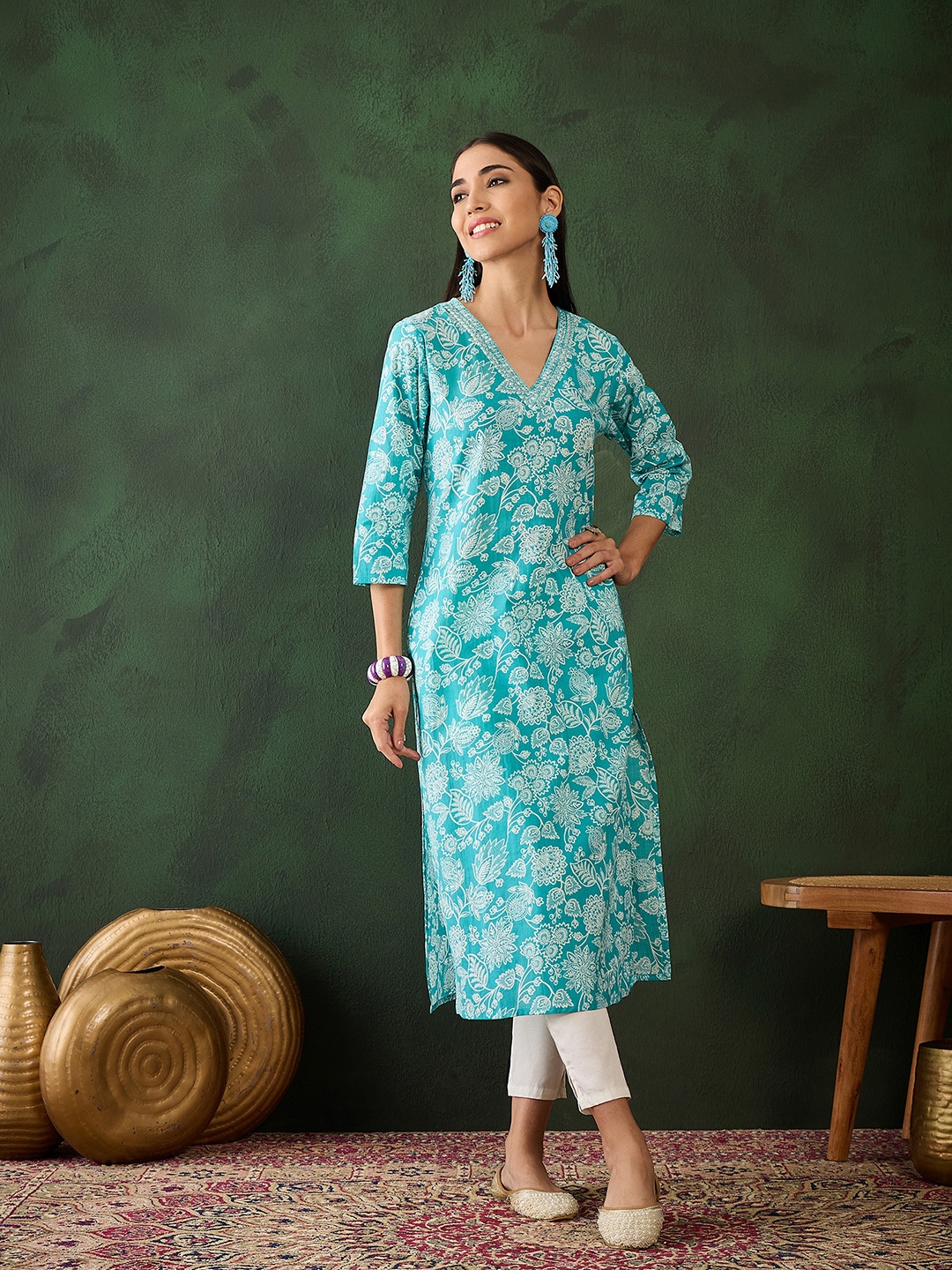 

Vastramyaa Women Floral Printed Mirror Work Kurta, Turquoise blue