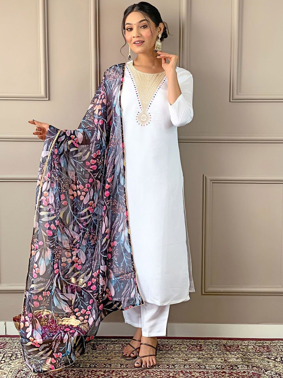 

KALINI Women Ethnic Motifs Embroidered Regular Kurta with Trousers & With Dupatta, White