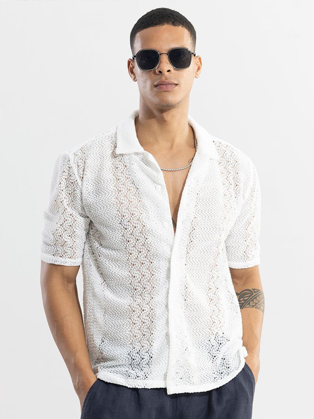 

Snitch Men New Cuban Collar Textured Boxy Casual Shirt, White