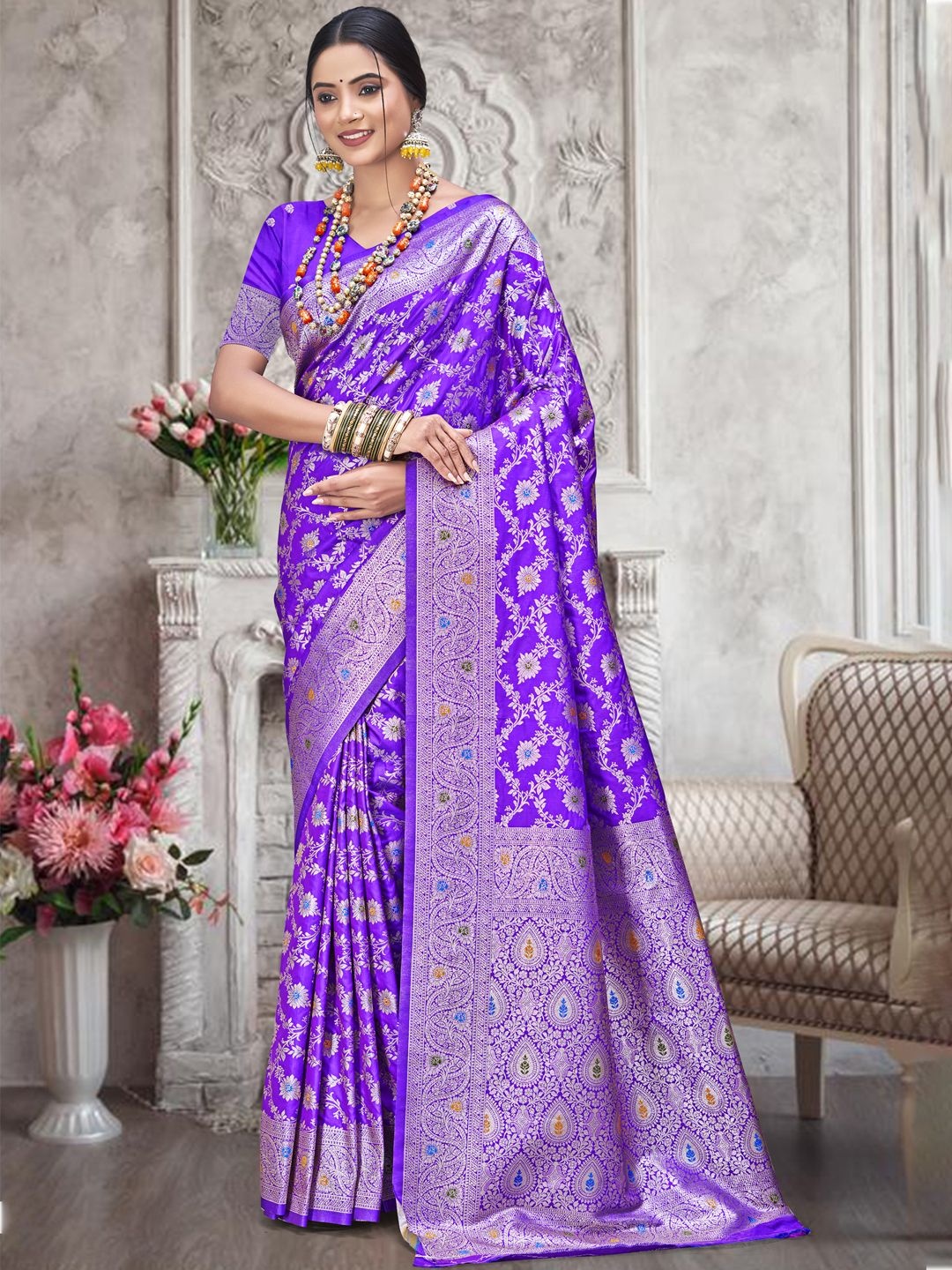 

SANGAM PRINTS Woven Design Zari Silk Blend Tussar Saree, Lavender