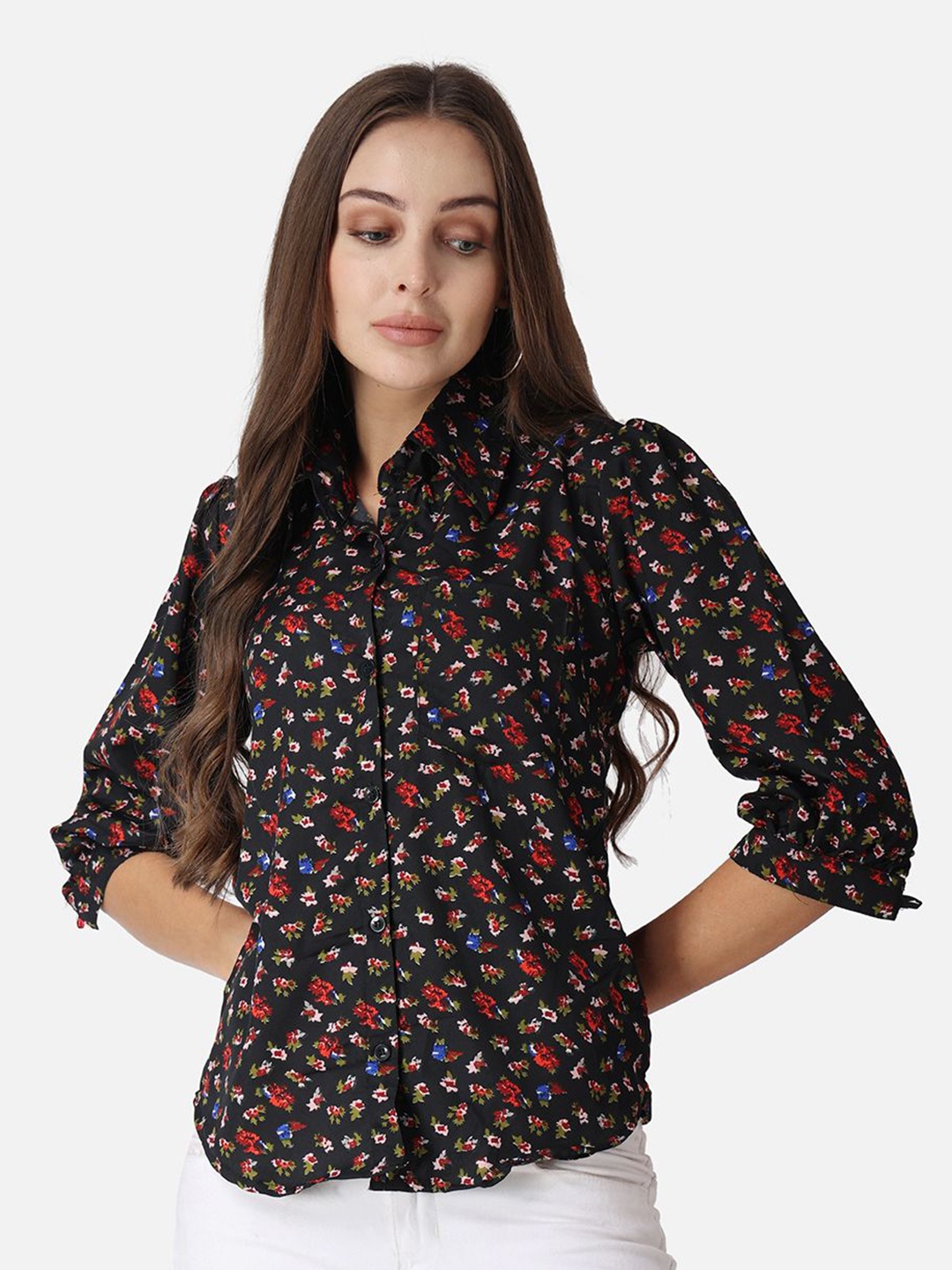 

MINOS Women Classic Spread Collar Floral Printed Crepe Casual Shirt, Black