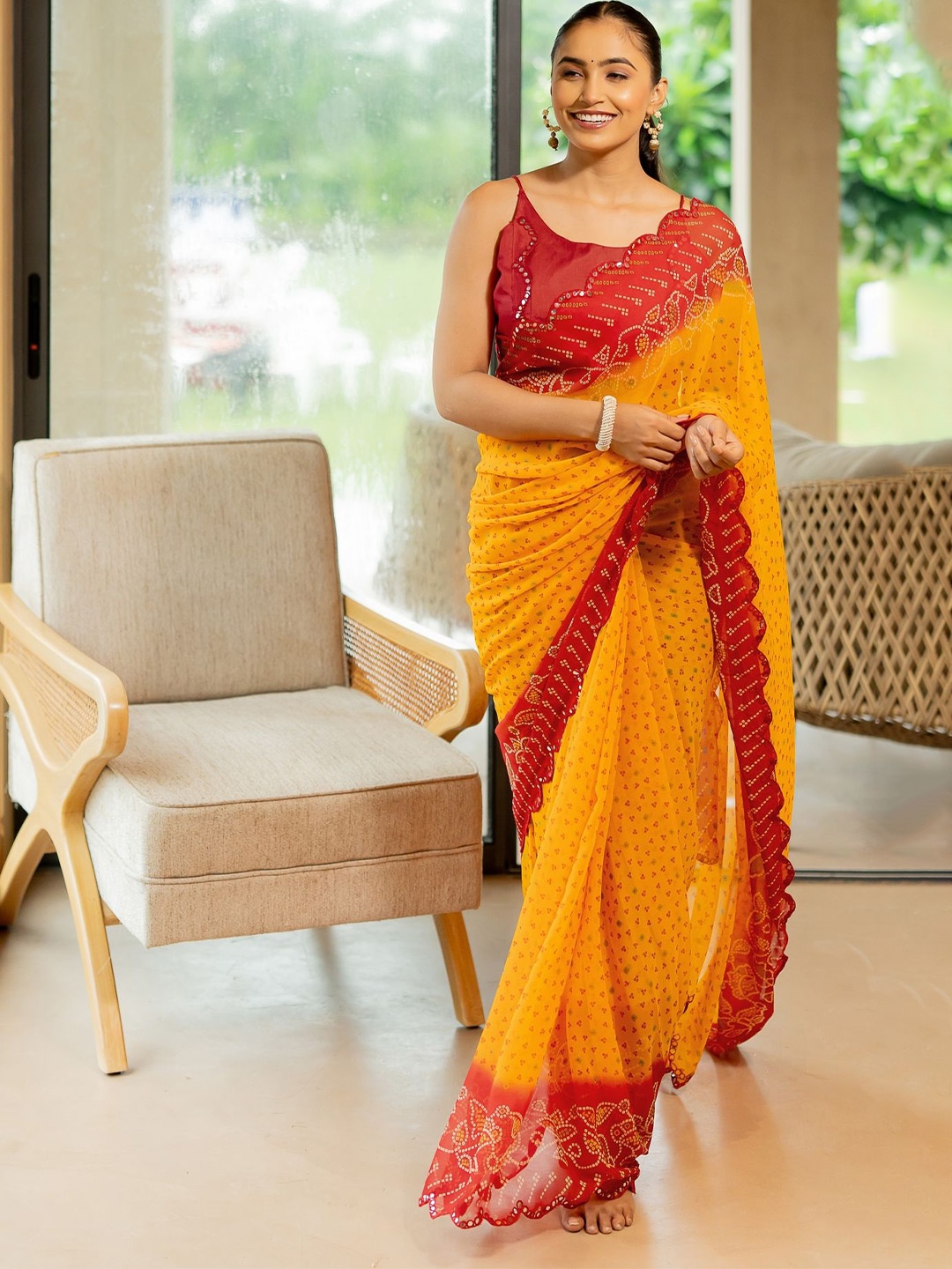 

MIRCHI FASHION Bandhani Mirror Work Pure Georgette Bandhani Saree, Orange