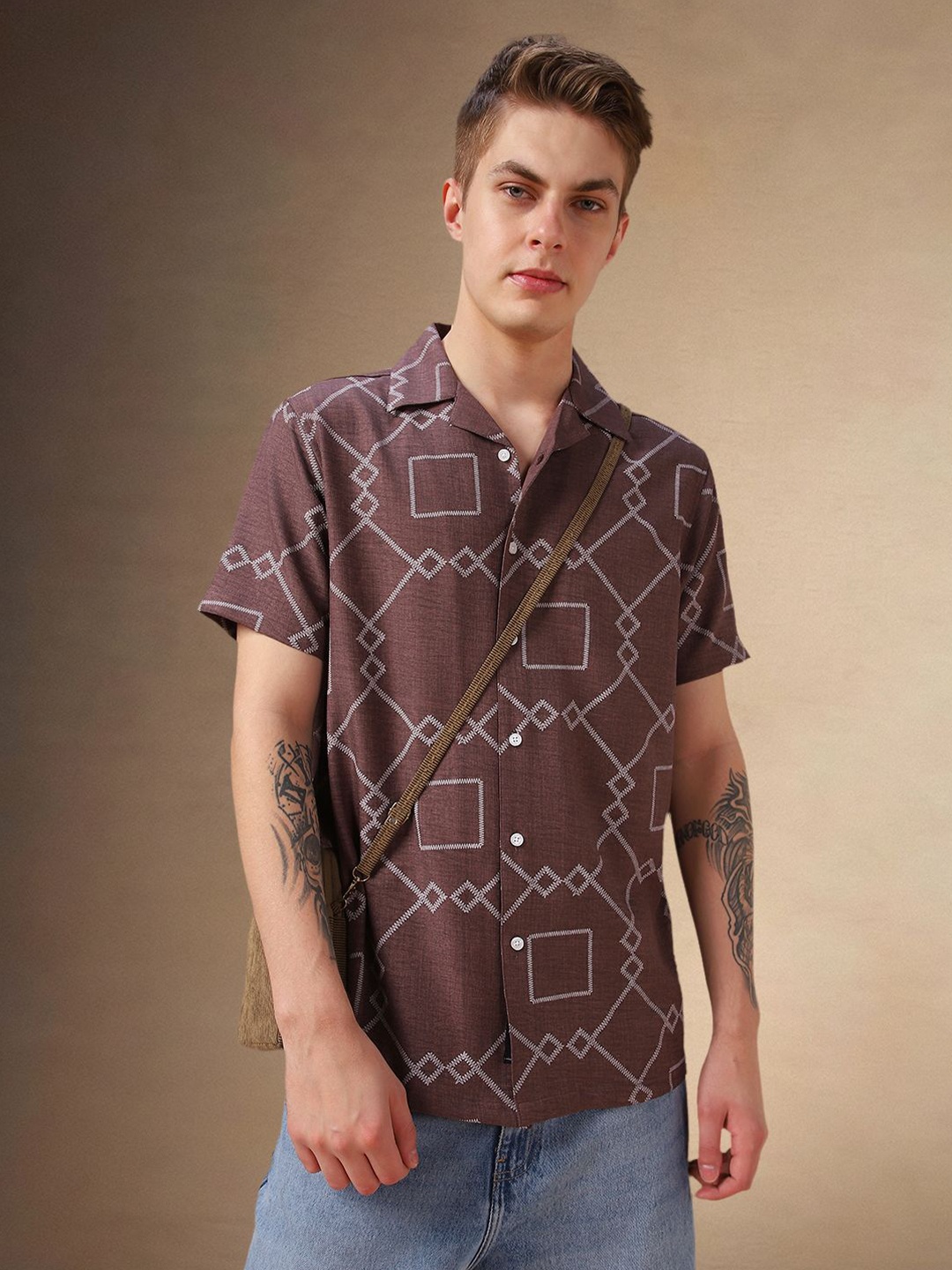 

Dennis Lingo Men Cuban Collar Geometric Printed Relaxed Fit Casual Shirt, Brown