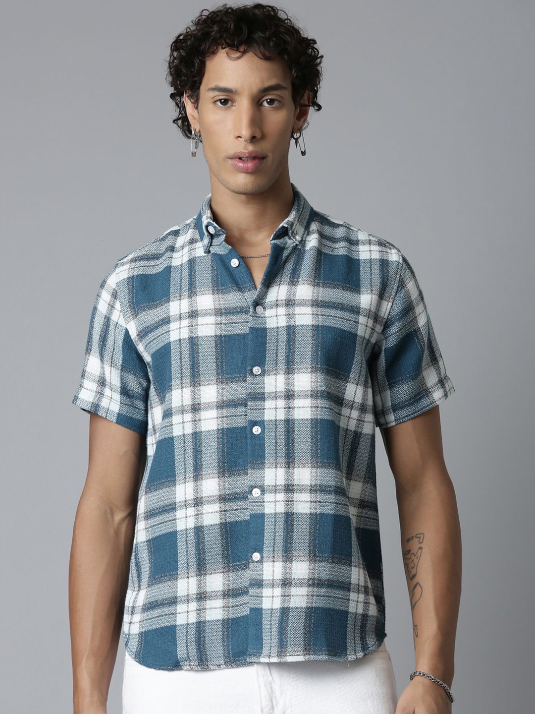 

ROLLER FASHIONS Men Button-Down Collar Tartan Checked Cotton Slim Fit Casual Shirt, Teal