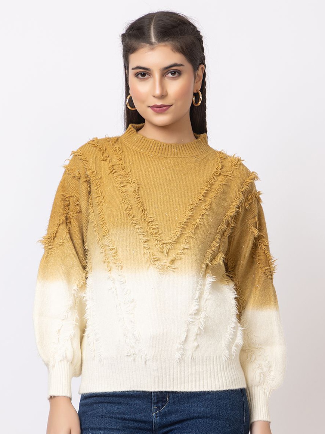 

GFO Women Colourblocked Woollen Sweater, Mustard