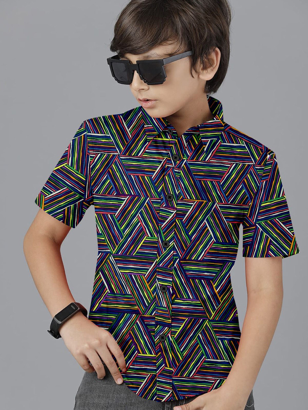 

BAESD Boys Premium Spread Collar Geometric Printed Cotton Casual Shirt, Navy blue