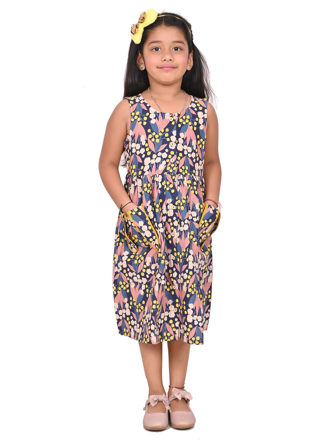 

Cloth Bites Cotton Floral Printed A-Line Dress, Yellow