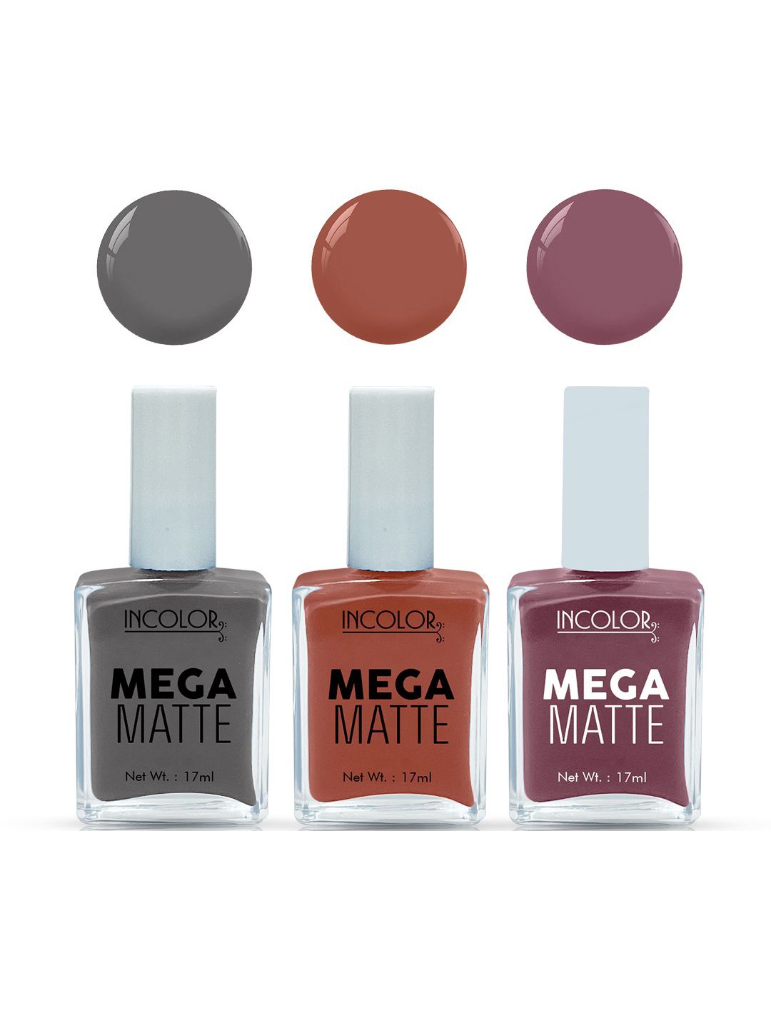 

INCOLOR Set Of 3 Mega Matte Nail Paint - 17 ml Each - 25 - 44 - 43, Multi