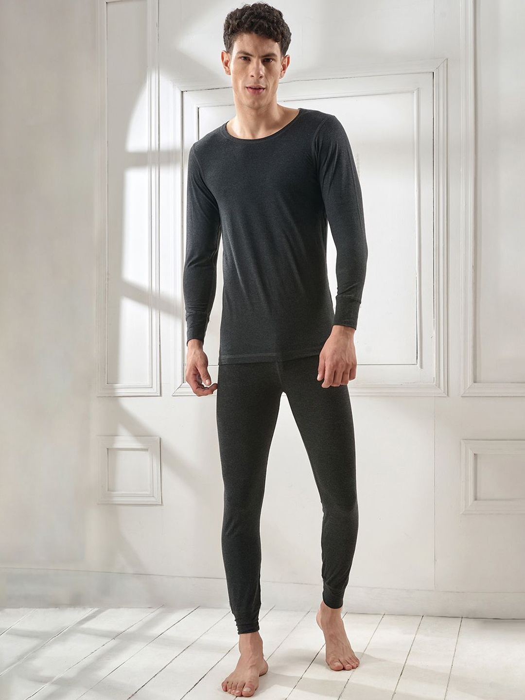 

INFERNO Men Ribbed Cotton Thermal Set, Black