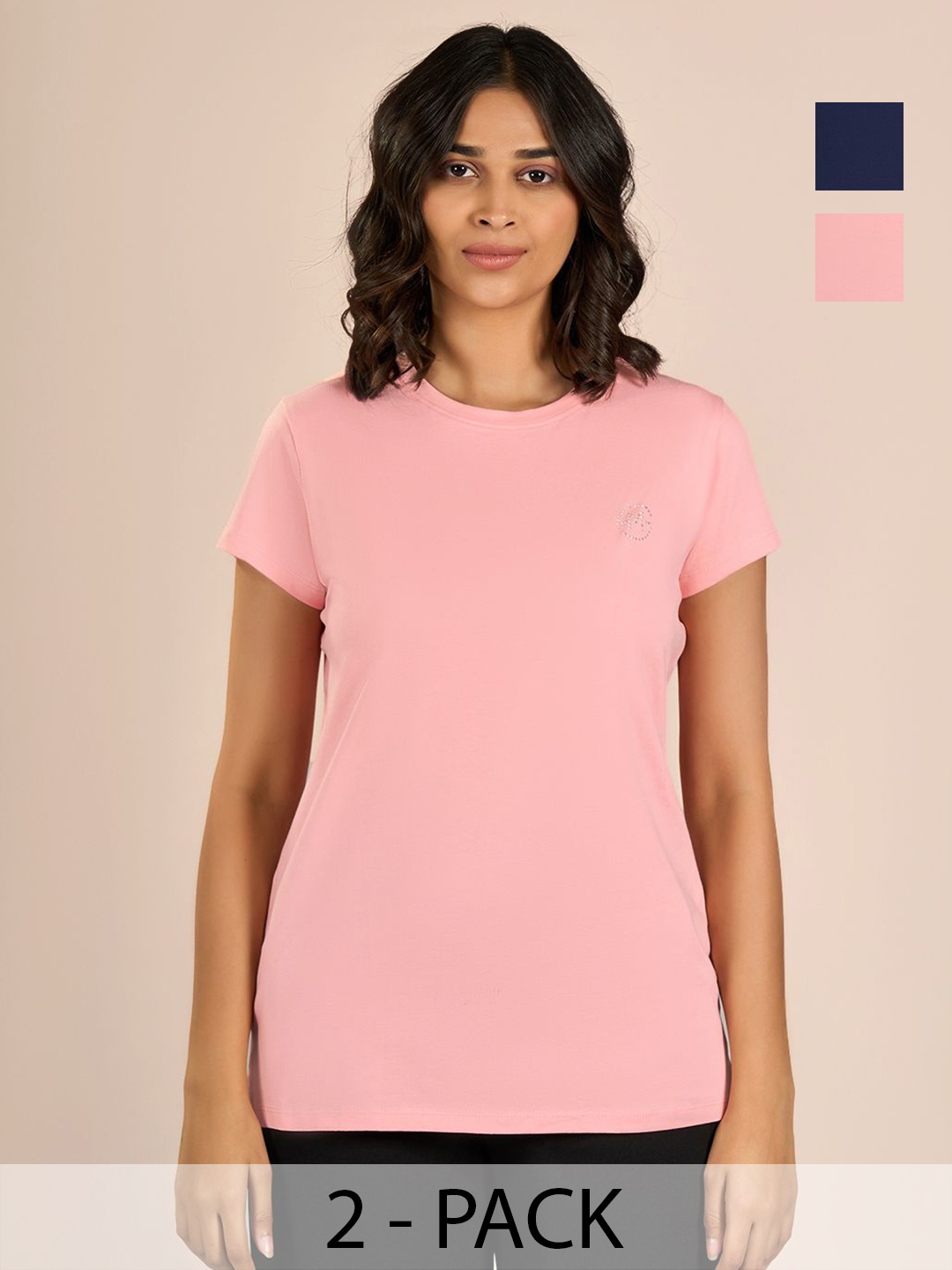 

MAYSIXTY Women Pack Of 2 Solid Round Neck Cotton T-shirts, Pink