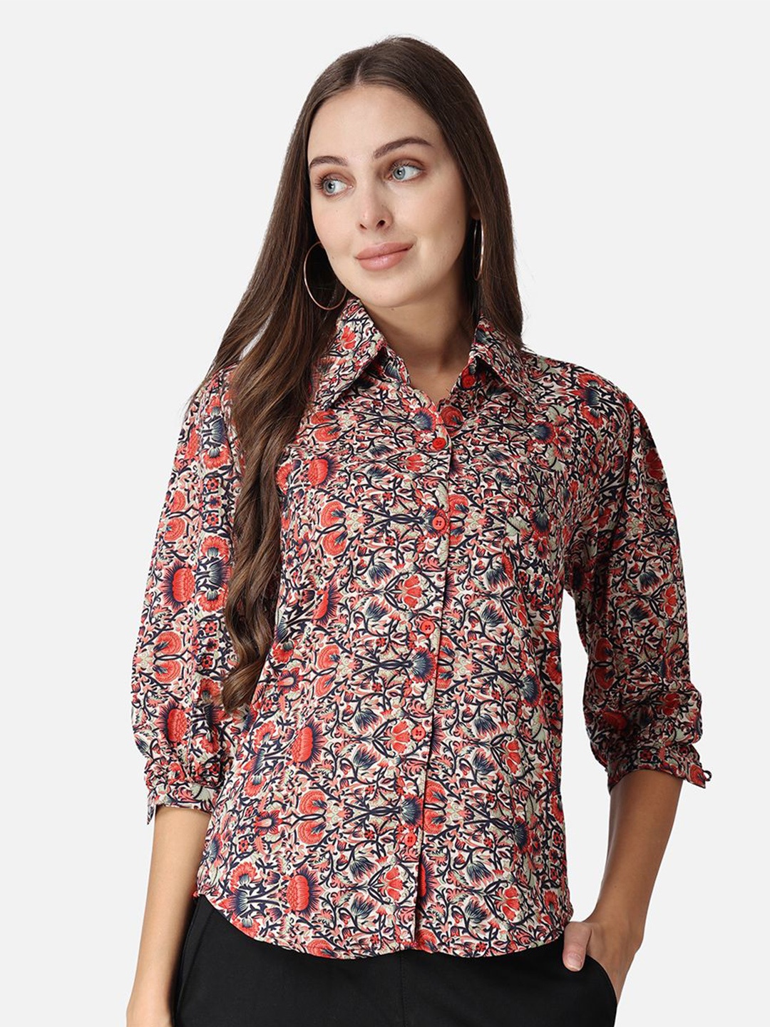 

MINOS Women Classic Spread Collar Ethnic Motifs Printed Crepe Casual Shirt, Red