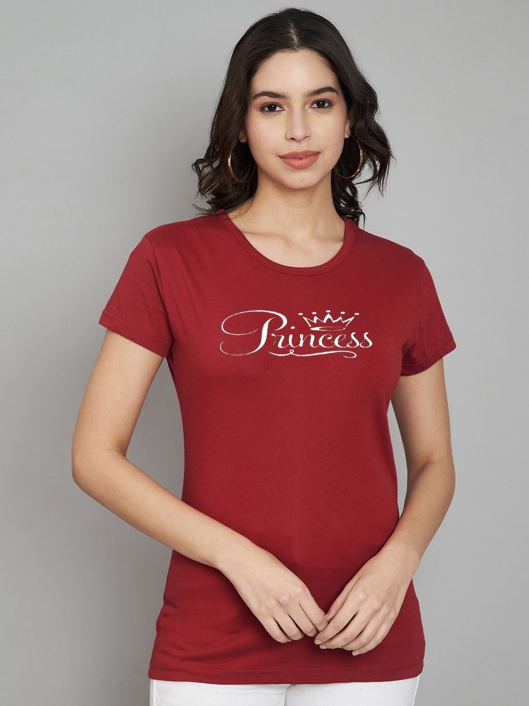 

Trend Level Women Pack Of 2 Typography Printed Round Neck Cotton T-shirts, Maroon