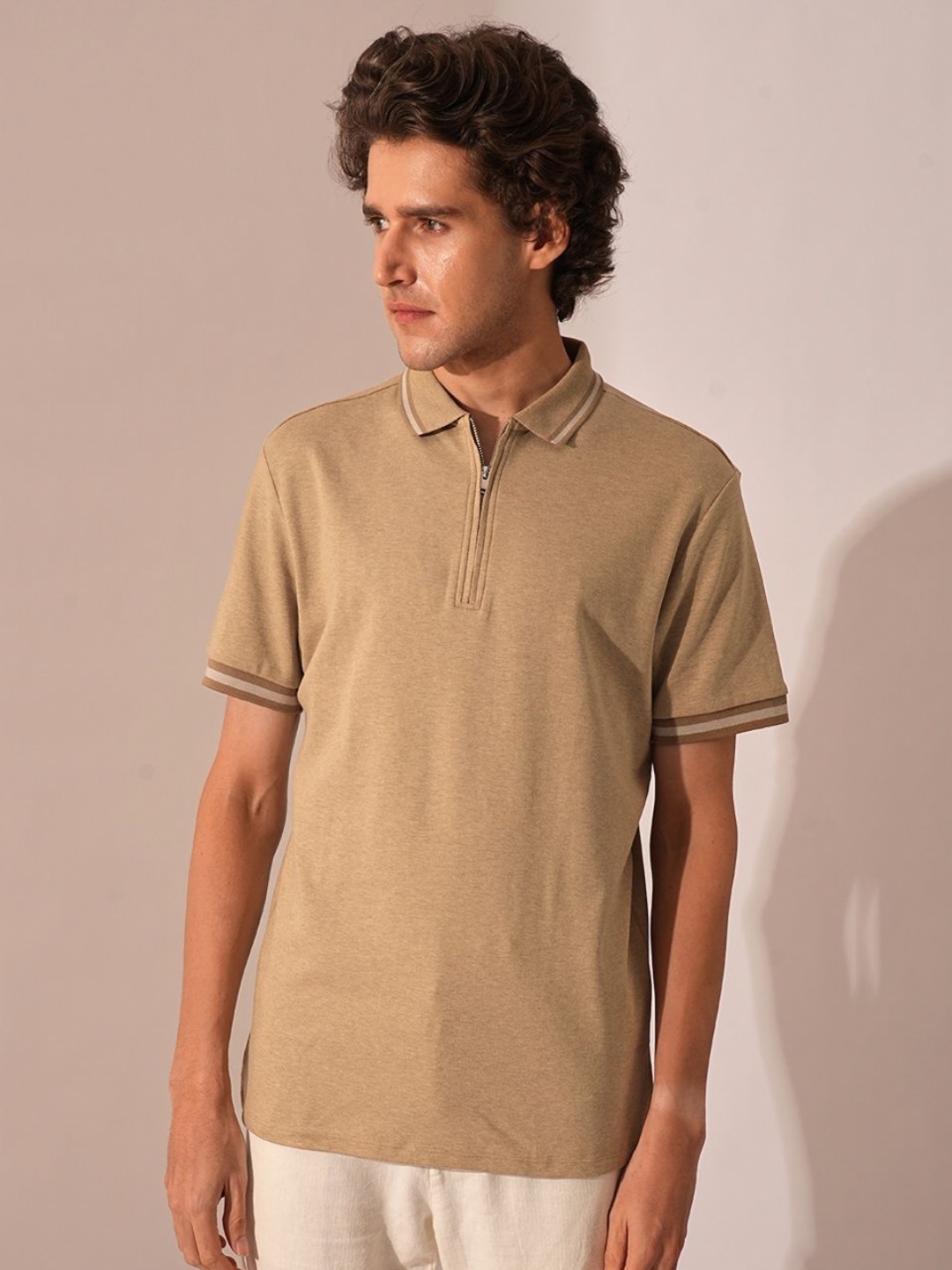 

SELECTED Men Solid Polo Collar Cotton Slim Fit T-shirt, Beige