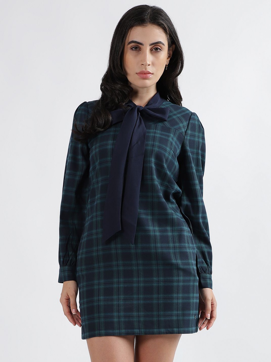 

Iconic Checked Tie-Up Neck Sheath Mini Dress, Navy blue