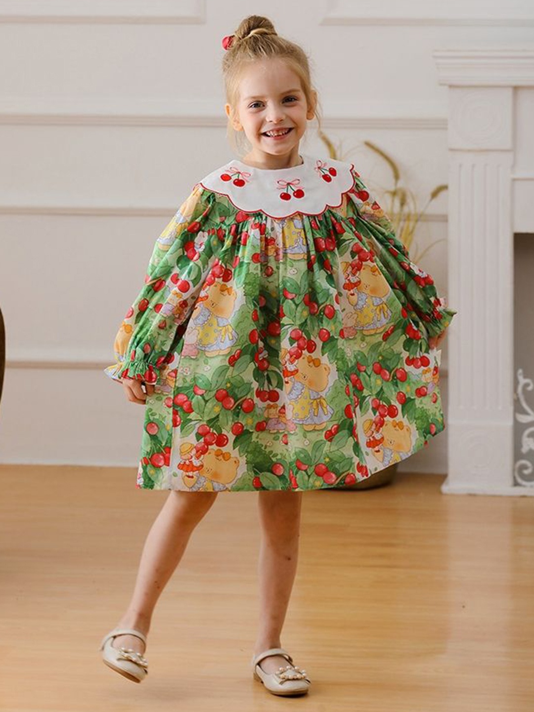 

LULU & SKY Girls Conversational Printed Cotton A-Line Above Knee Dress, Green