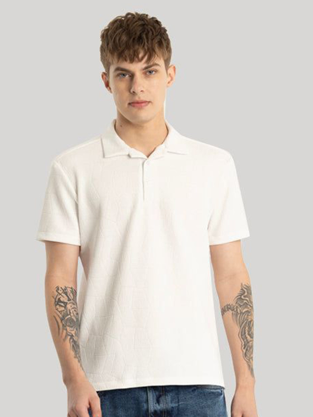 

Snitch Men Self Design Polo Collar T-shirt, White