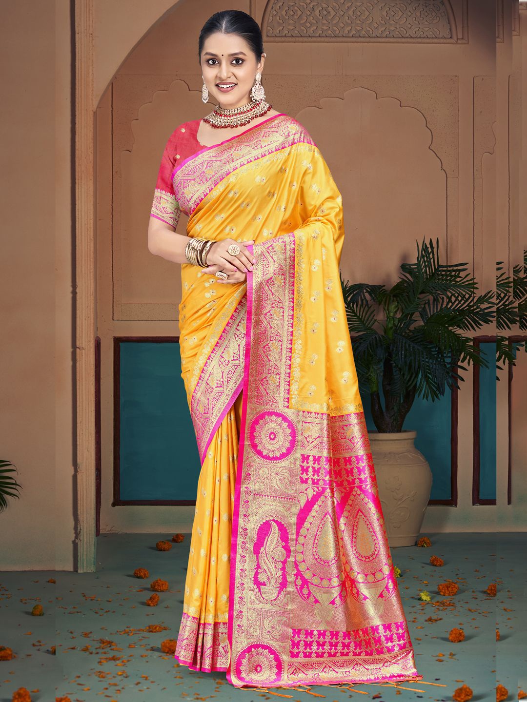 

SANGAM PRINTS Woven Design Zari Silk Blend Tussar Saree, Yellow