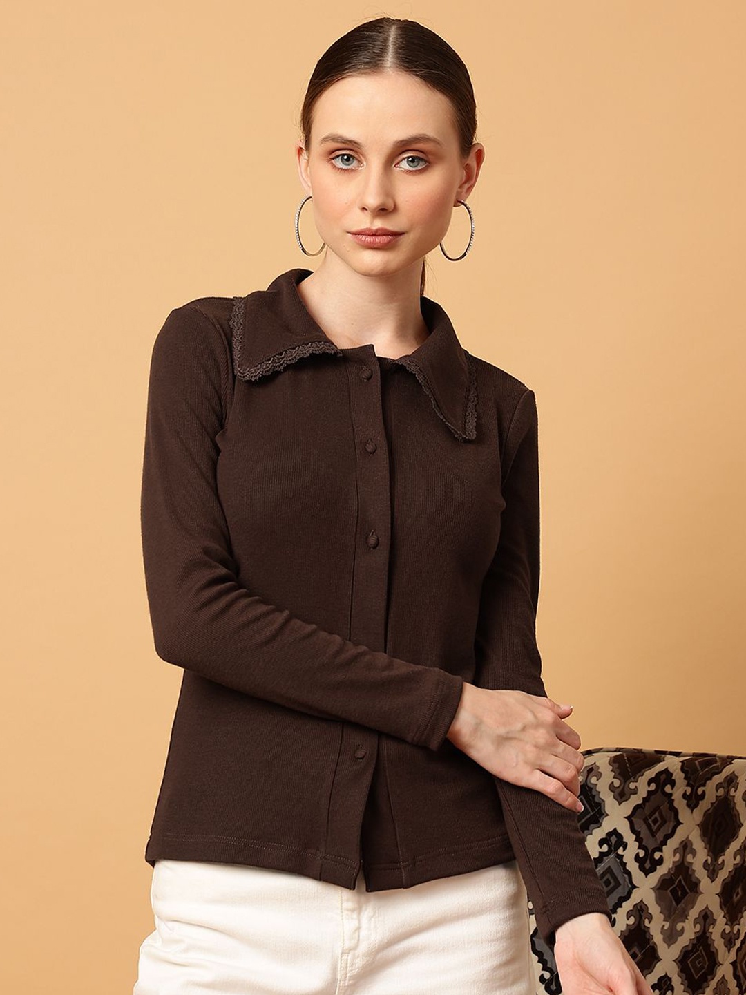

MINT STREET Women Comfort Spread Collar Solid Cotton Slim Fit Casual Shirt, Brown