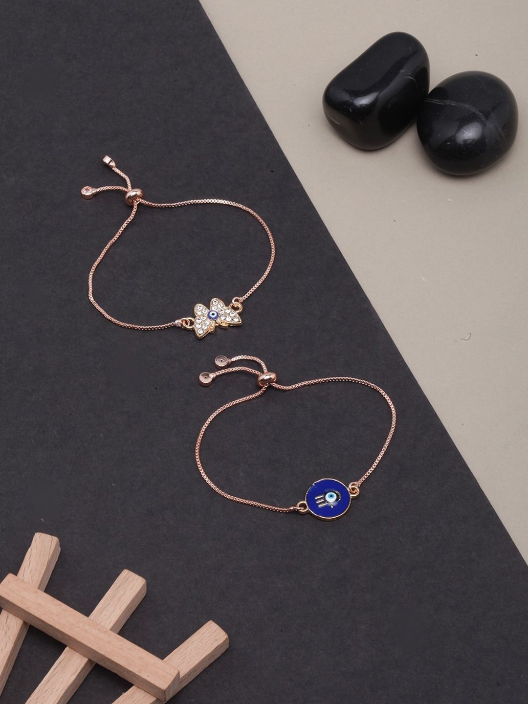 

KPOP Set Of 2 Rose Gold Plated Artificial Stones Studded Enamelled Charm Bracelet