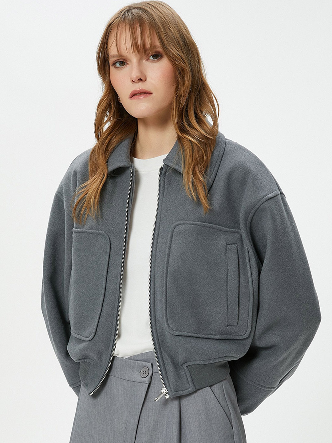 

Koton Women Spread Collar Crop Bomber Jacket, Grey