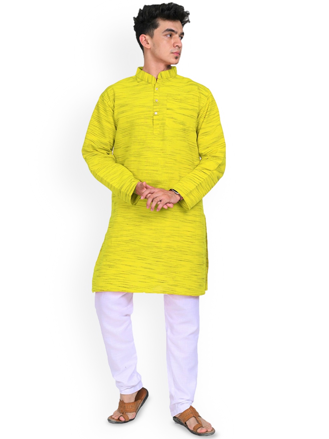 

Voniry Woven Design Mandarin Collar Regular Kurta With Pyjamas, Yellow