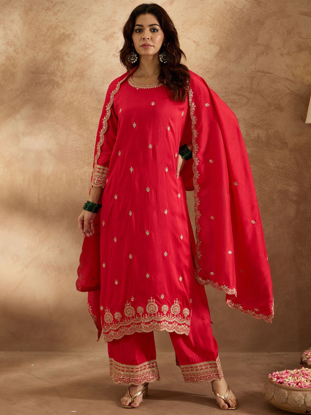 

Indo Era Women Ethnic Motifs Embroidered Regular Kurta with Trousers & Dupatta, Red