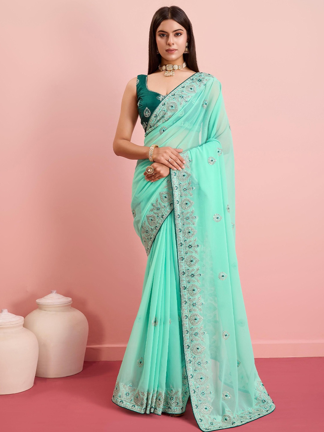 

VAIRAGEE Ethnic Motifs Embroidered Sequinned Ready to Wear Saree, Sea green
