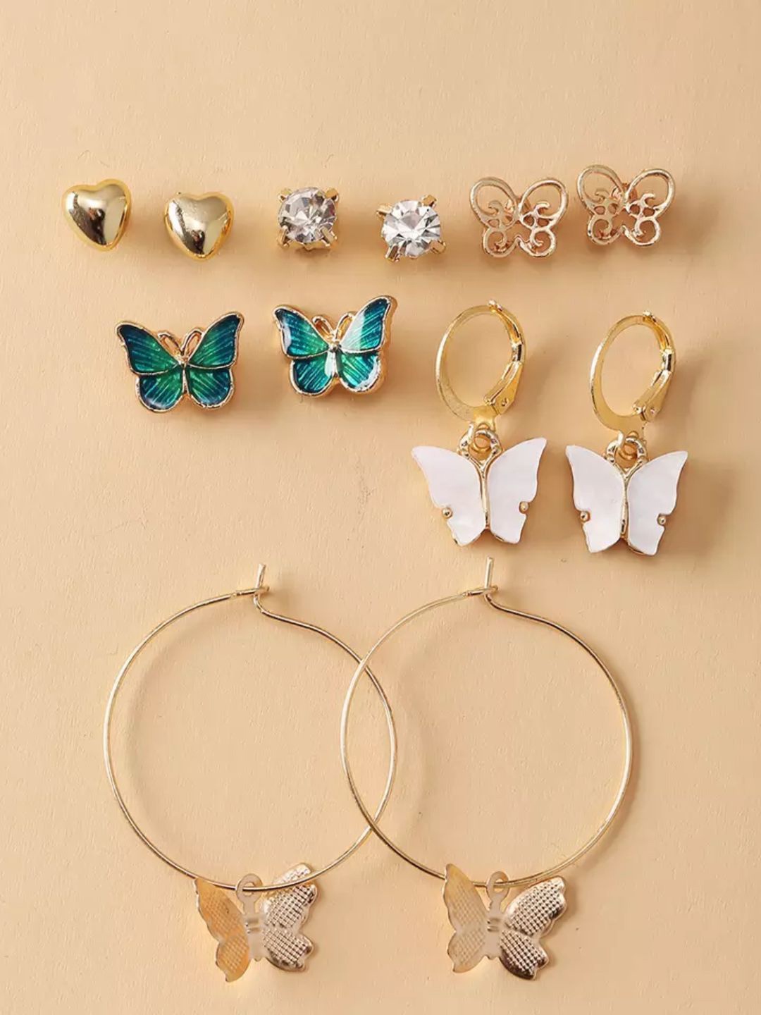 

Pinapes Set Of 12 Gold-Plated Butterfly & Pearl Studs & Hoop Earrings