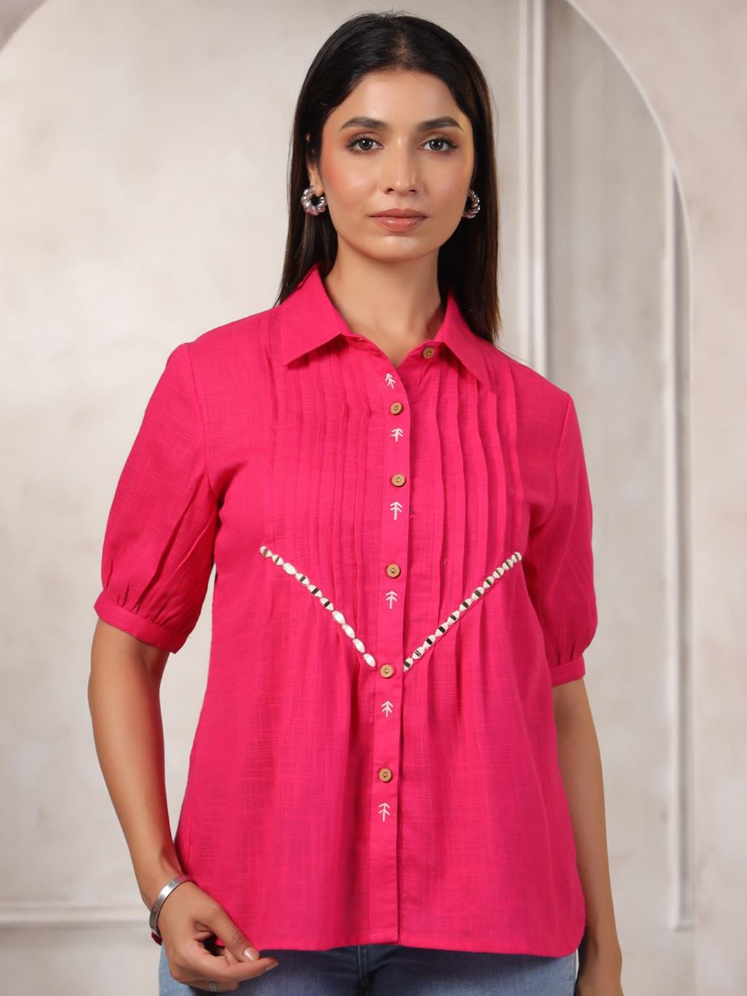 

LYFJ Women Solid Shirt Collar Cotton Top, Pink