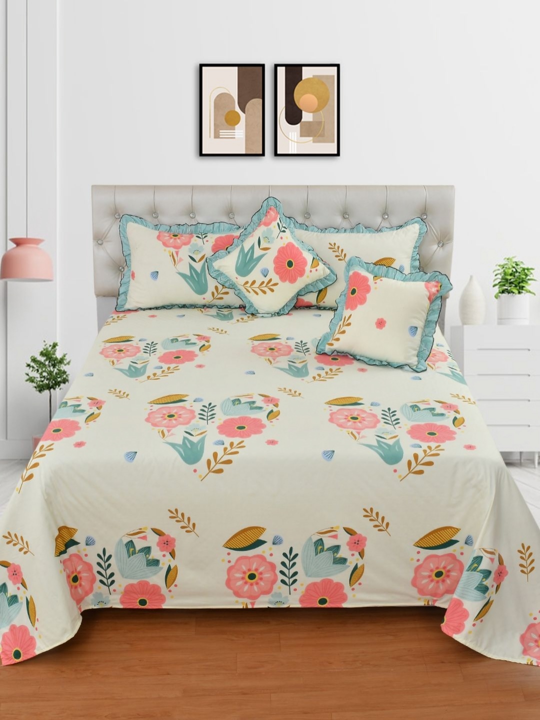 

BREVARD Pink & White 5 Pieces Floral Printed Double Queen Superfine Bedding Set