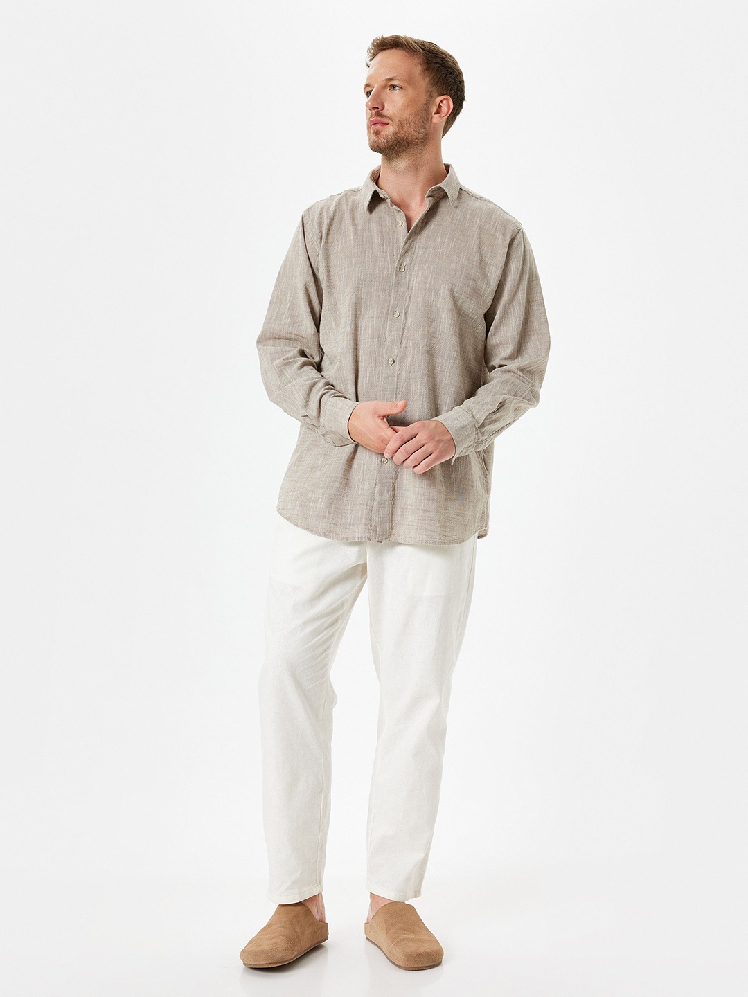 

Koton Men Spread Collar Solid Cotton Casual Shirt, Beige