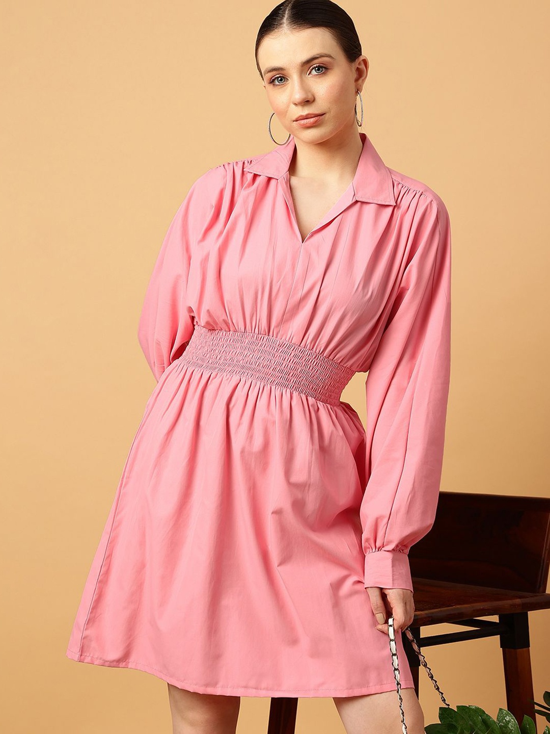 

MINT STREET Shirt Collar Fit & Flare Cotton Dress, Pink