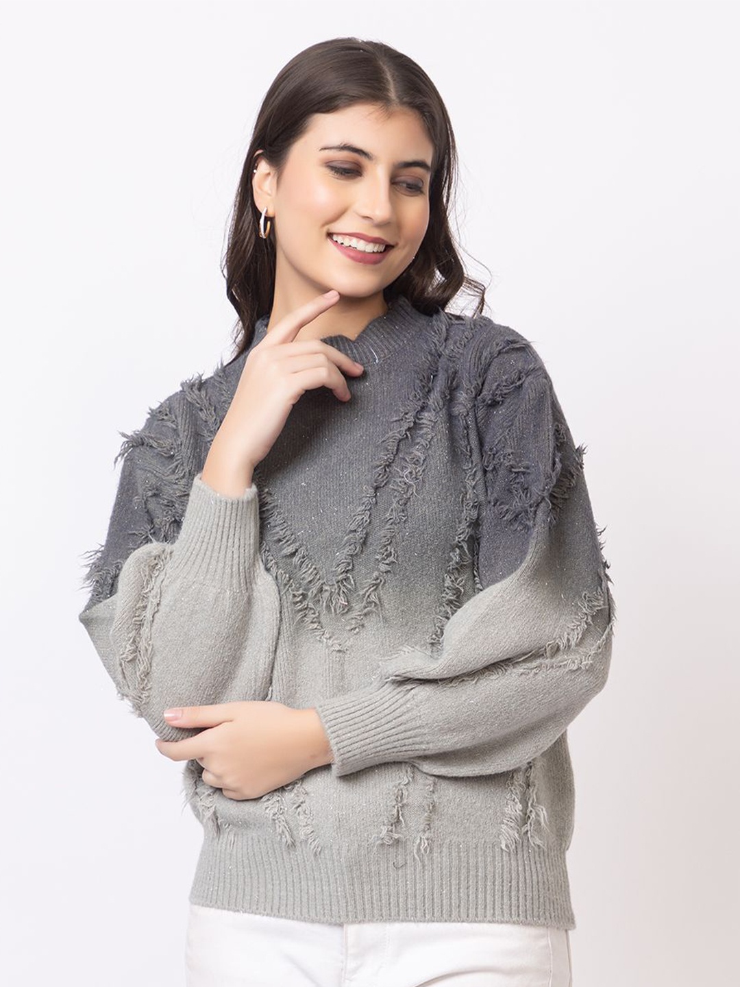 

GFO Women Colourblocked Woollen Sweater, Grey