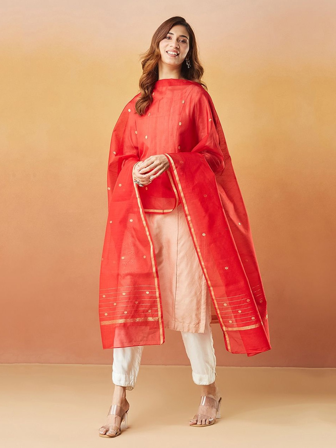 

Fabindia Ethnic Motifs Woven Design Cotton Silk Dupatta with Zari, Red