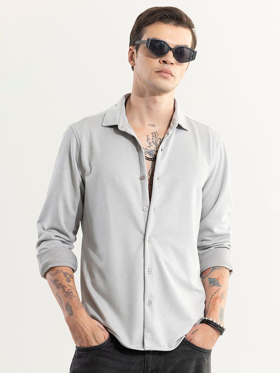 

Snitch Men New Spread Collar Solid Cotton Slim Fit Casual Shirt, Grey